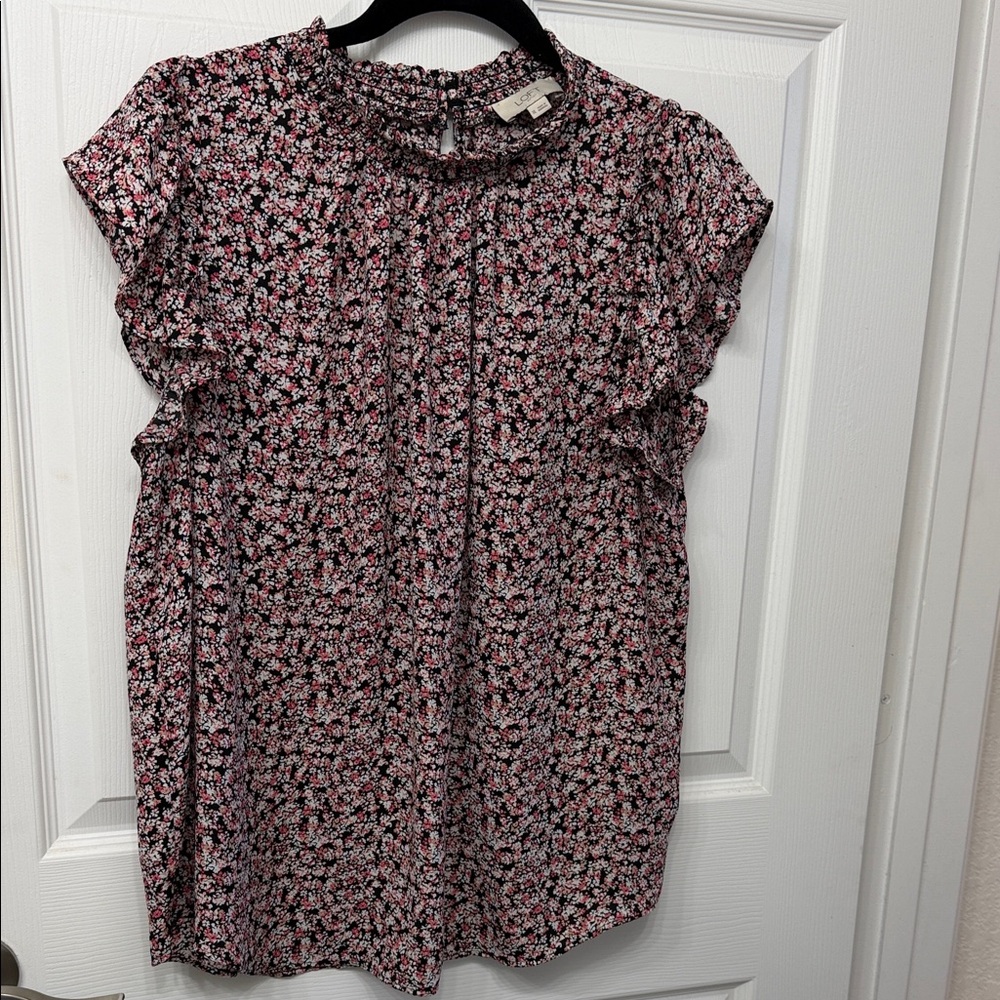 LOFT Pink and Black Floral Blouse